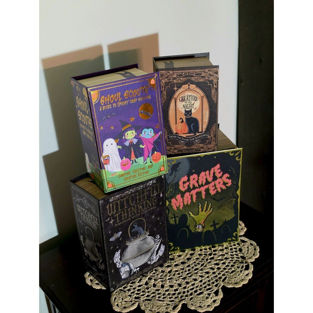 Halloween Faux Book Storage Box Set of 4 Witch Ghost Cat Graveyard